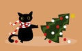 A funny naughty black cat dropped a Christmas tree with balls and looks in surprise Royalty Free Stock Photo