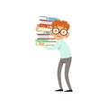 Funny nerd boy carrying stack of books. Cartoon schooler character in glasses, shirt and pants. Smart kid with two large