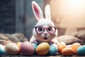 Funny nerd Easter rabbit wearing pink glasses with colourful Easter eggs