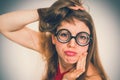 Funny nerd or geek woman with sexual expression on face Royalty Free Stock Photo