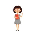 Funny nerd girl holding book and index finger up. Cartoon character with brown hair and two large front teeth. Smart kid