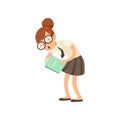 Funny nerd girl interested in reading book. Cartoon schooler in glasses, skirt and blouse with tie. Smart kid character