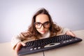 Funny nerd girl working on computer Royalty Free Stock Photo