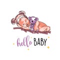 Funny newborn card with teddy bear, hello baby, hand lettering, baby in doodle