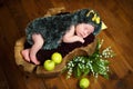 Funny newborn little baby girl in a costume of hedgehog sleeping sweetly on the stump Royalty Free Stock Photo