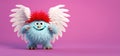 Funny nice furry monster yeti with white cupid wings on pink background. Valentines Day celebration