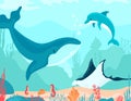 Funny, oceanic landscape in cartoon style, underwater world, sea coral reef, design, flat vector illustration, isolated Royalty Free Stock Photo