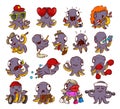 Funny octopus character in different everyday activities set. Cute sea creature shopping, doing sports, reading book
