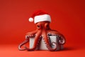 Funny octopus in a Santa hat sits on a Christmas present, on red studio background