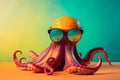 Funny octopus wearing sunglasses colorful background. Generate Ai