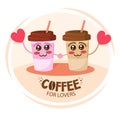 Funny ÃÂ¡offee for lovers concept. Two-for-one coffee. Buy two get one free coffee concept illustration. Funny cartoon characters