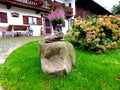 Funny old hiking boots as a flowerpot in front of farmhouse