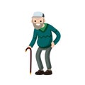 Funny old man with cane. Cartoon flat illustration