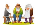 Funny three old mens sitting on the bench. Old man with hat and walking cane. Sad grandfather with a long beard sitting on Royalty Free Stock Photo