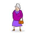 Funny old woman with bag. Grandmother walking. Colorful cartoon Royalty Free Stock Photo