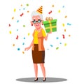 Funny Old Woman Celebrate Birthday In Party Caps And Confetti Vector. Isolated Illustration
