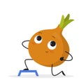 Funny onion character doing sport exercise in the gym