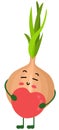 Funny onion mascot holding a red heart