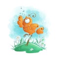 Funny orange bird bounces and sings in a clearing. Royalty Free Stock Photo