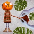 Funny orange cartoon pumpkin head in round fashionable glasses, character concept on the theme of the holiday Halloween