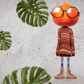 Funny orange cartoon pumpkin head in round fashionable glasses, character concept on the theme of the holiday Halloween