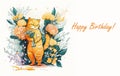 Funny Orange Cat With Flowers. Happy Birthday Watercolor Card