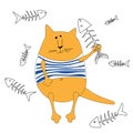 Funny orange cat sailors in striped frock and fish skeleton. Cartoon style Royalty Free Stock Photo