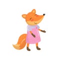 Funny orange fox character. Humanized forest animal in pink sarafan and purple t-shirt. Cartoon flat vector element for