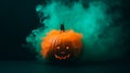 Pumpkin Lantern in Teal Smoke. Halloween Pumpkin with Green Bakcground. Smoky Pumpkin. Generative AI.