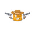 Funny orange macaron as a cowboy cartoon character holding guns