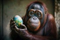 Funny orangutan with Easter egg. Generative AI Royalty Free Stock Photo