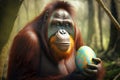 Funny orangutan with Easter egg. Generative AI Royalty Free Stock Photo
