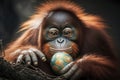 Funny orangutan with Easter egg. Generative AI Royalty Free Stock Photo