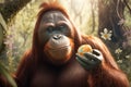 Funny orangutan with Easter egg. Generative AI Royalty Free Stock Photo