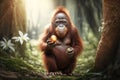 Funny orangutan with Easter egg. Generative AI Royalty Free Stock Photo