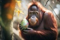 Funny orangutan with Easter egg. Generative AI Royalty Free Stock Photo