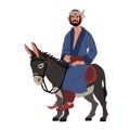 Funny oriental peasant riding a gray donkey. A national hero.