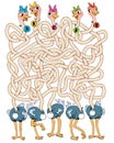 Funny ostriches with long, tangled necks. Children logic game to pass the maze