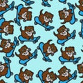 Funny otter playing blue skateboard, pet skateboarding cute seamless pattern animals modern cartoon with blue background