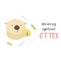 Funny otter with shell floating in a river