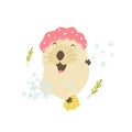 Funny otter in a shower cap taking shower