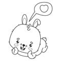 Funny outline enamored lying rabbit with heart. Cute happy kawaii animal character. Vector illustration. Line drawing