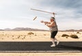 Funny overweight man chasing the hot dog Royalty Free Stock Photo