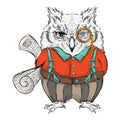 Funny owl clothing with newspaper, reading, news, e-mail. Drawing by hand. Vector illustration