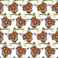 Funny owl endless background on white. Doodle violet bird green leave branch art design stock vector illustration