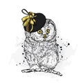 Funny owl in a ladies` hat. Vector illustration. Fashion & Style. Vintage.