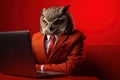 Funny owl in a red suit and tie sits at a laptop.