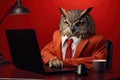 Funny owl in a red suit and tie sits at a laptop.