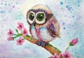 Funny owl sitting on the branch with pink flowers