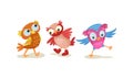 Funny Owlet with Big Eyes Walking Vector Set